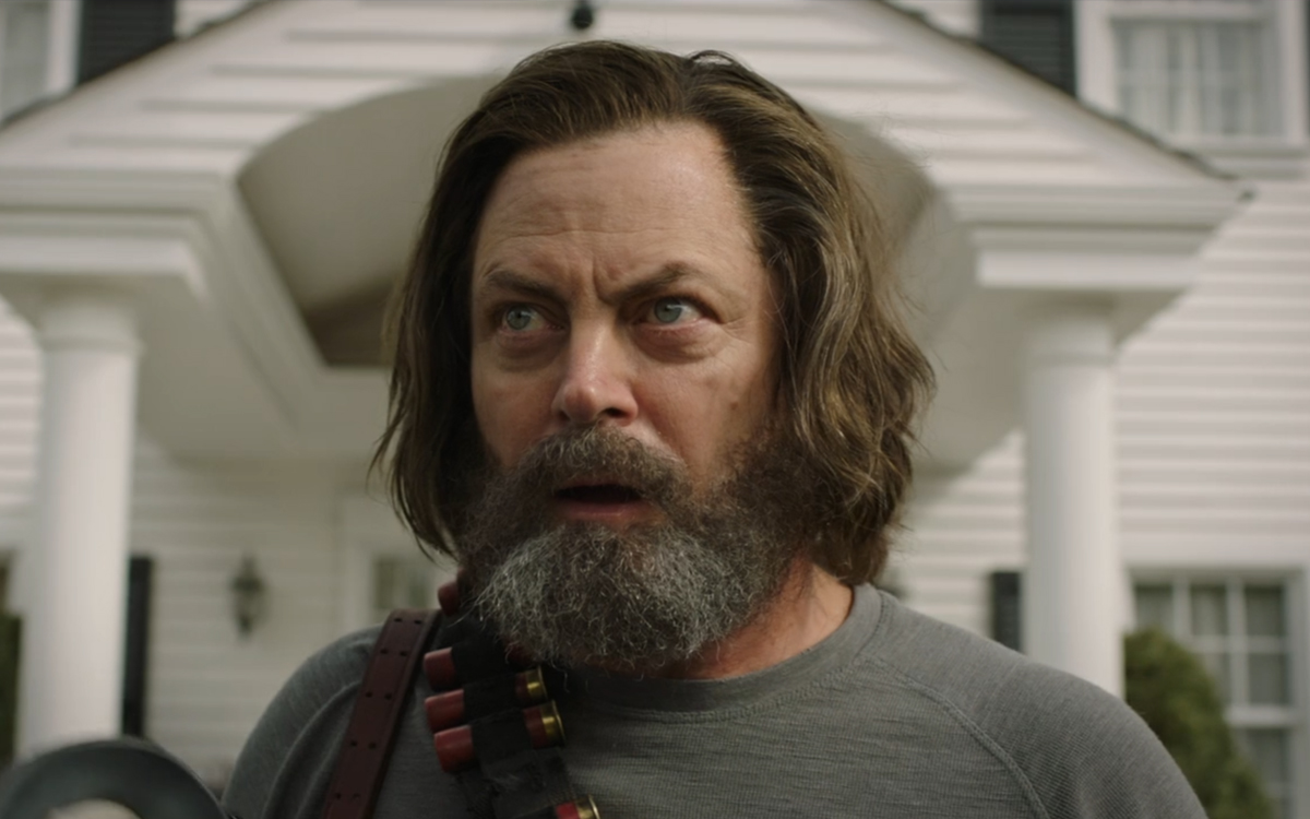 Nick Offerman as Bill stands alert outside his fortified home in The Last of Us Episode 3 on HBO.
