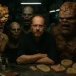 Barrie Gower with The Last of Us Clicker prosthetic in makeup studio