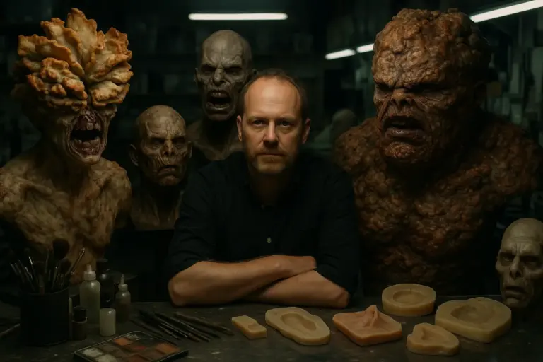 Barrie Gower with The Last of Us Clicker prosthetic in makeup studio