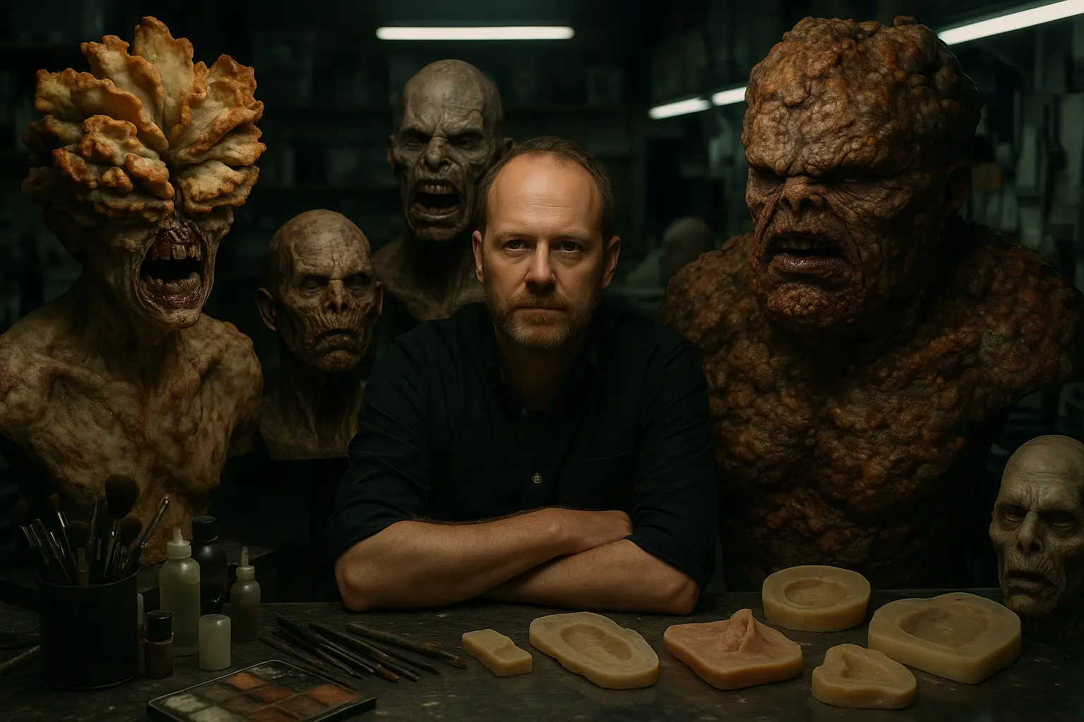 Barrie Gower with The Last of Us Clicker prosthetic in makeup studio