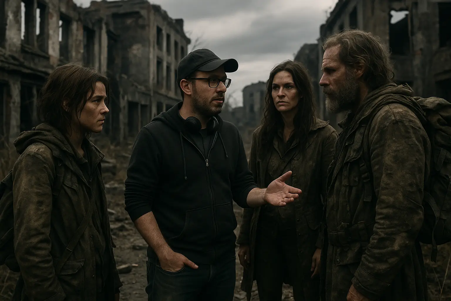 Craig Mazin directing on a post-apocalyptic film set